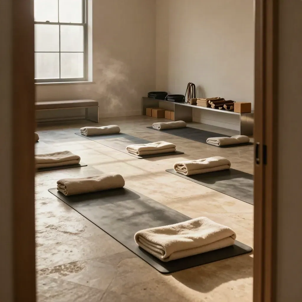 Ready yoga studio with six mats, folded blankets and blocks in warm window light.
