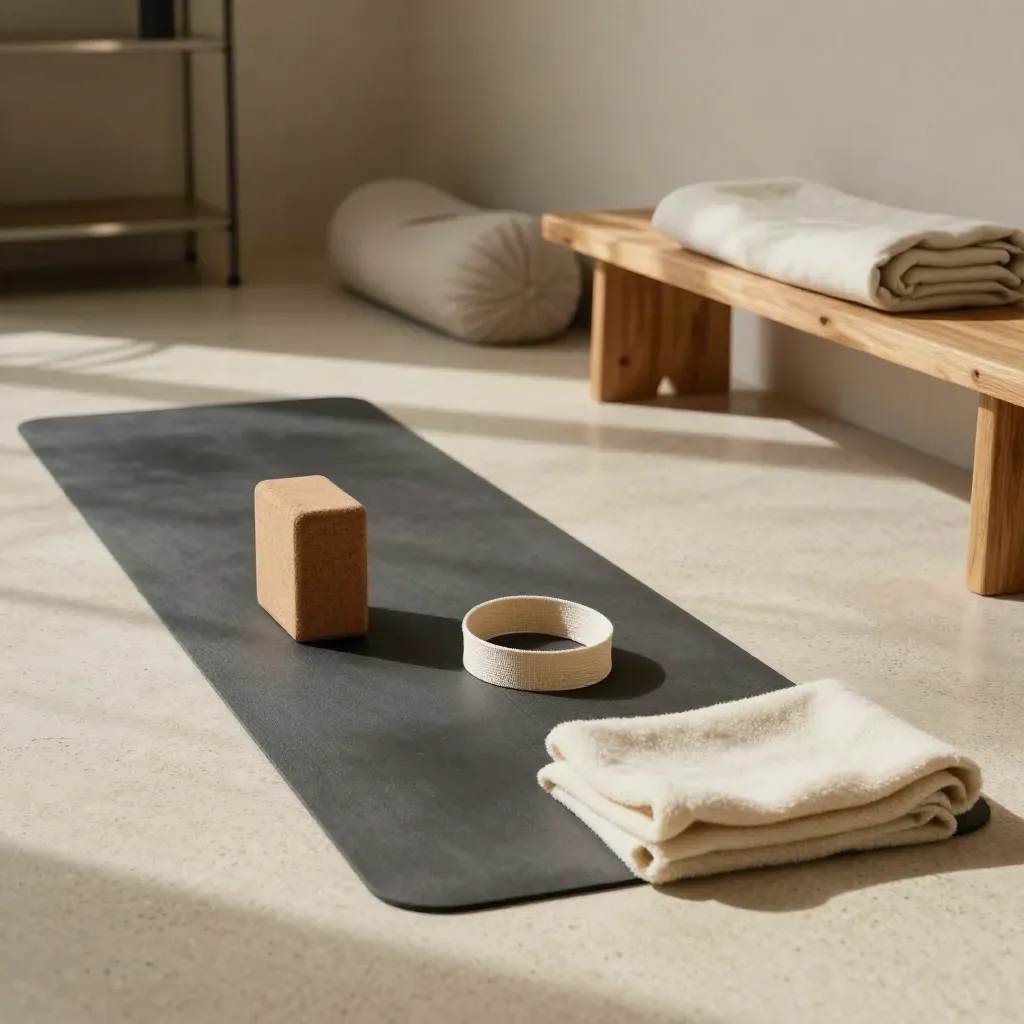 Beginner yoga props arranged in sequence on a travertine studio floor beside a low bench.