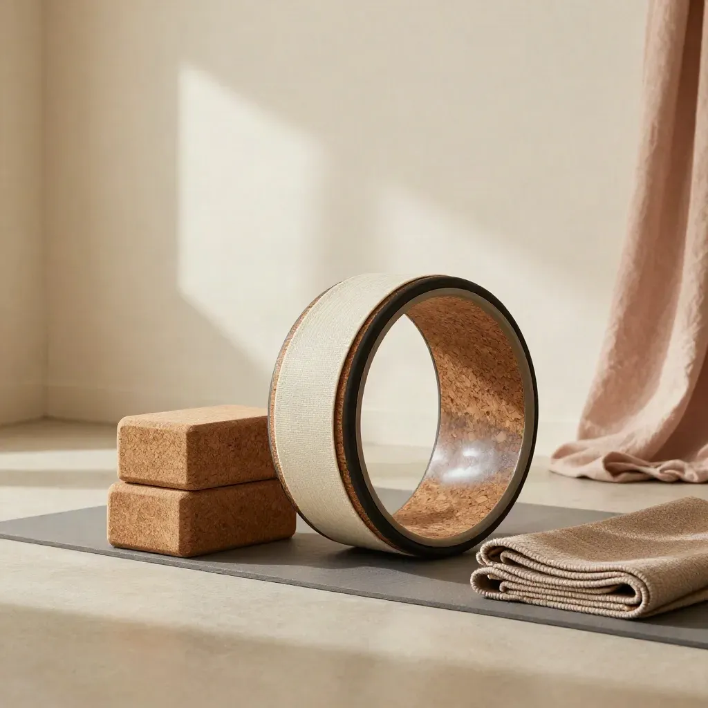 Yoga wheel, strap, cork blocks and folded mat ready for mobility work by a pale plaster wall.