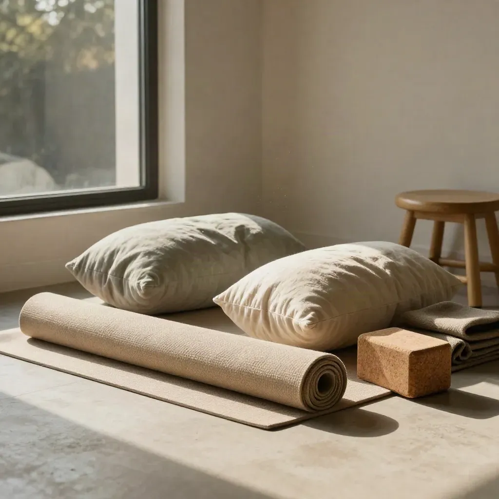 Private yoga corner with mat, bolsters, blanket, block and stool beside a pale window wall.