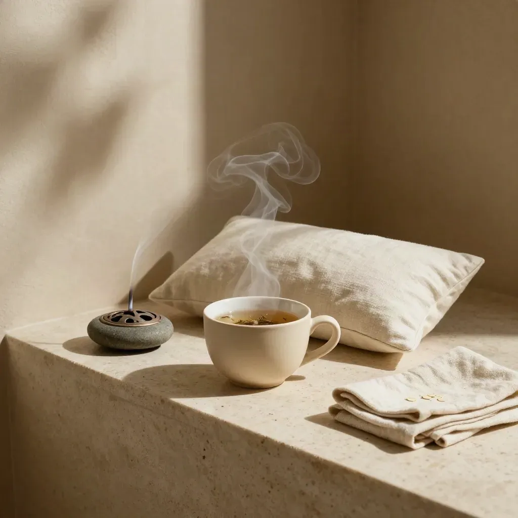 Tea, eye pillow, stone and incense dish on travertine in a dim yoga studio nook.