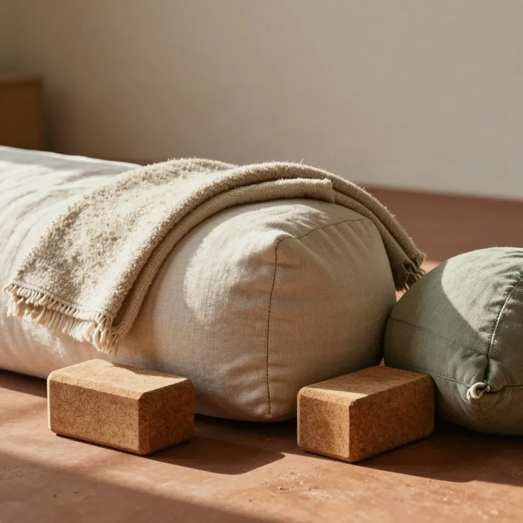 Restorative yoga props stacked low on a studio floor in warm late-afternoon light.