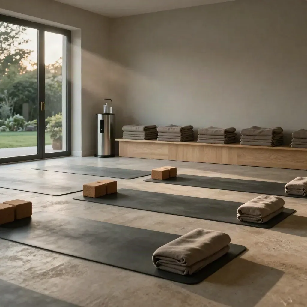 Calm yoga studio after class with mats, blankets, blocks and open garden doors