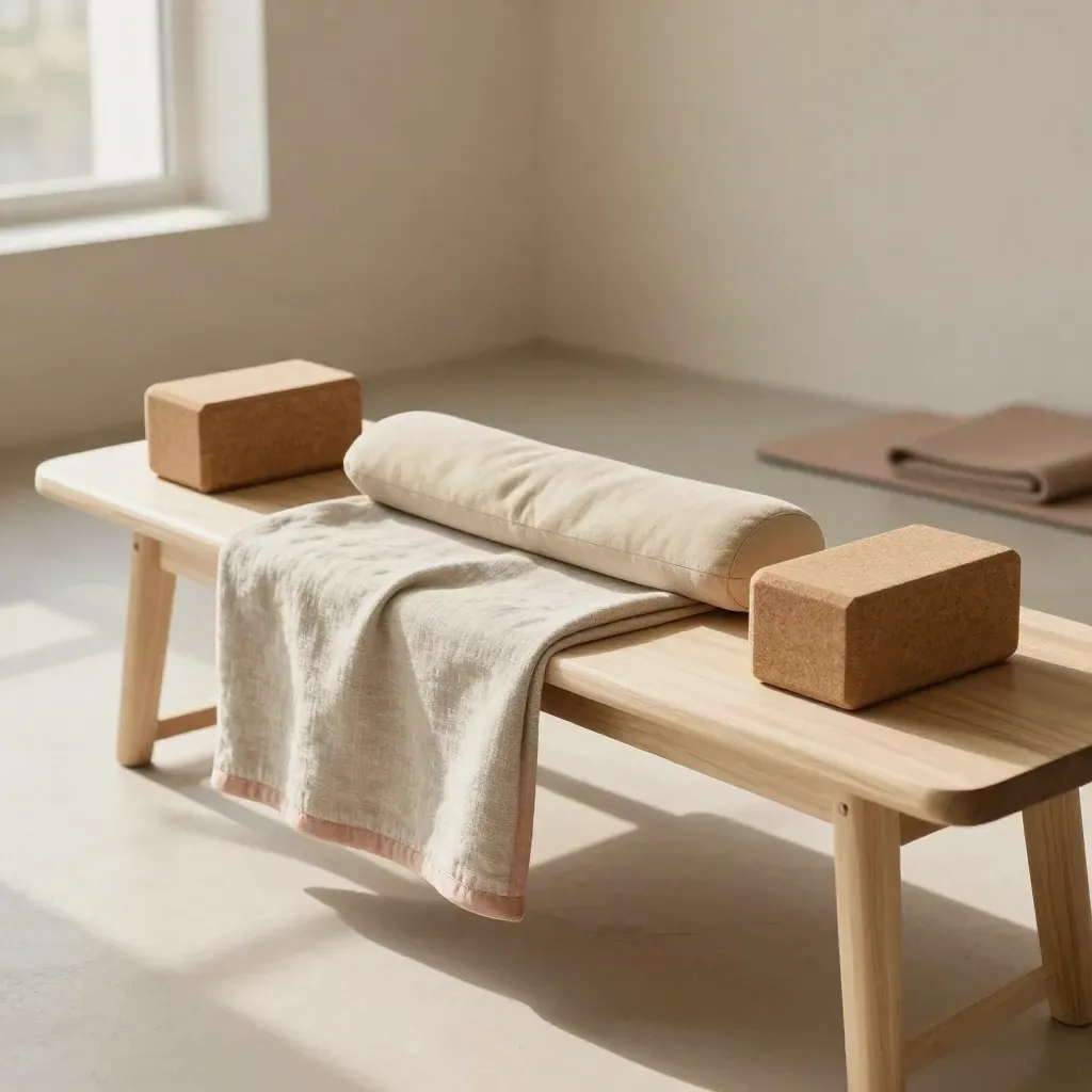 Yoga bolster, blanket and blocks on a pale wooden bench in soft window light.