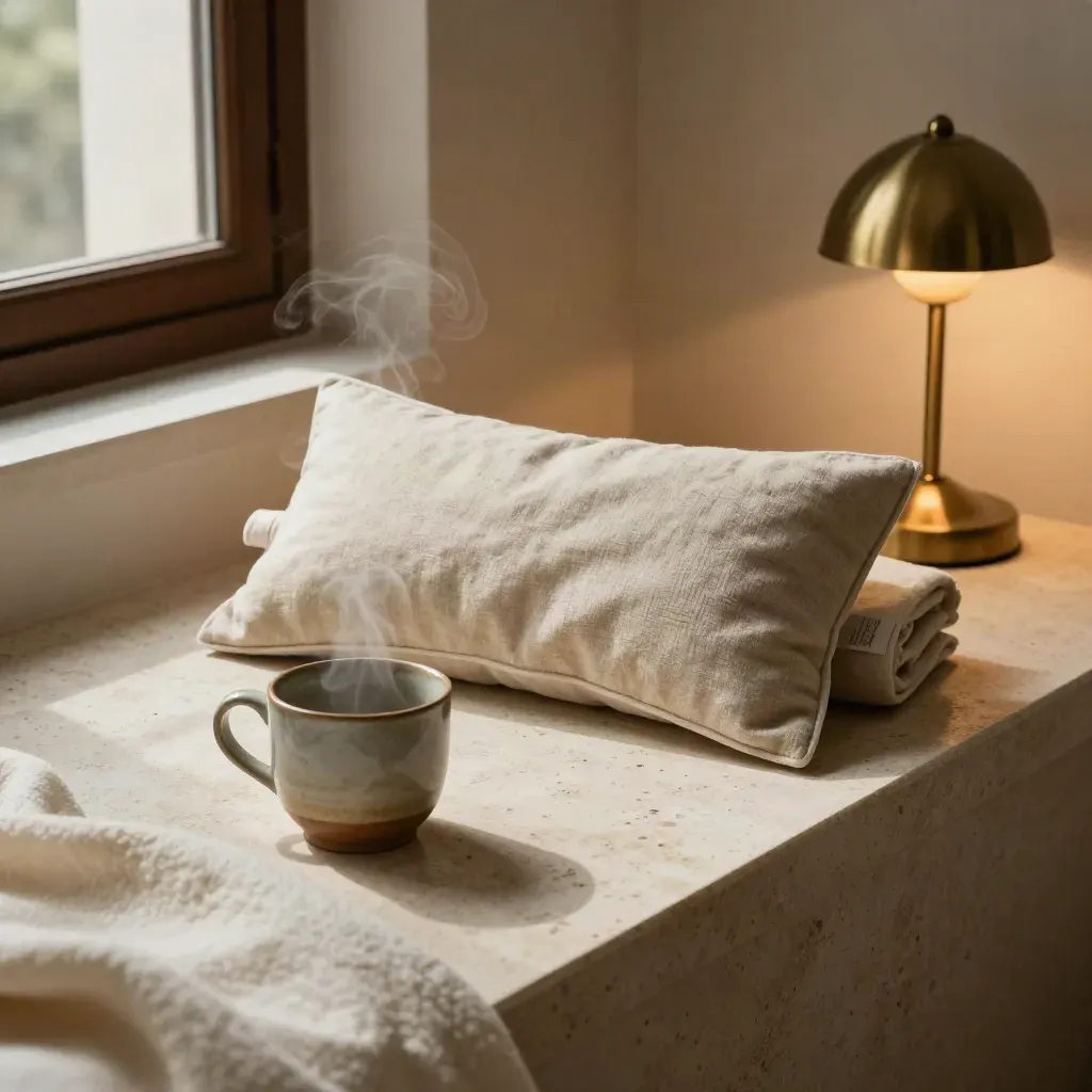 Bedside yoga wind-down kit with eye pillow, blanket, steaming cup and lamp on stone.