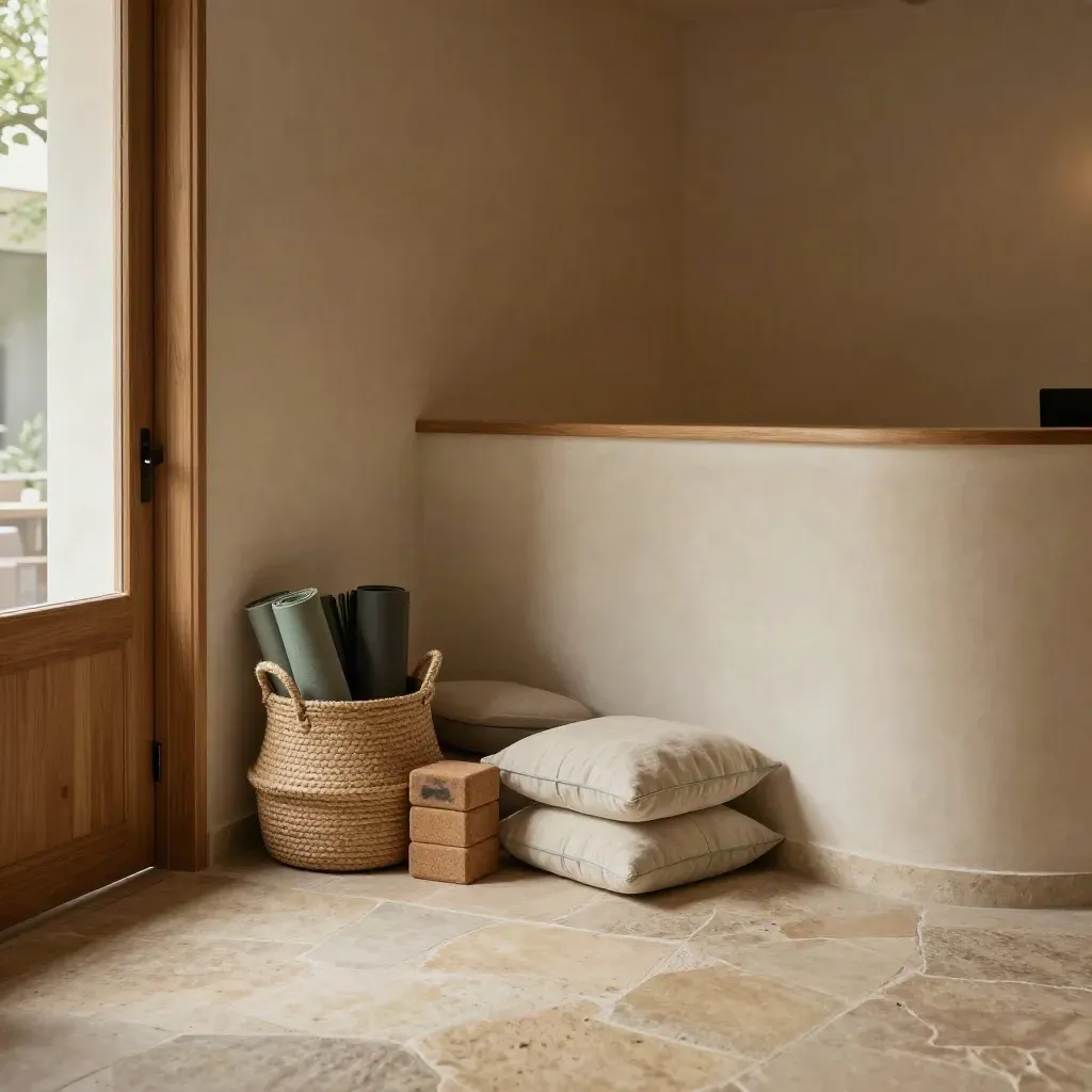 Empty yoga studio entry corner with rolled mats, blocks and cushions by an open doorway.