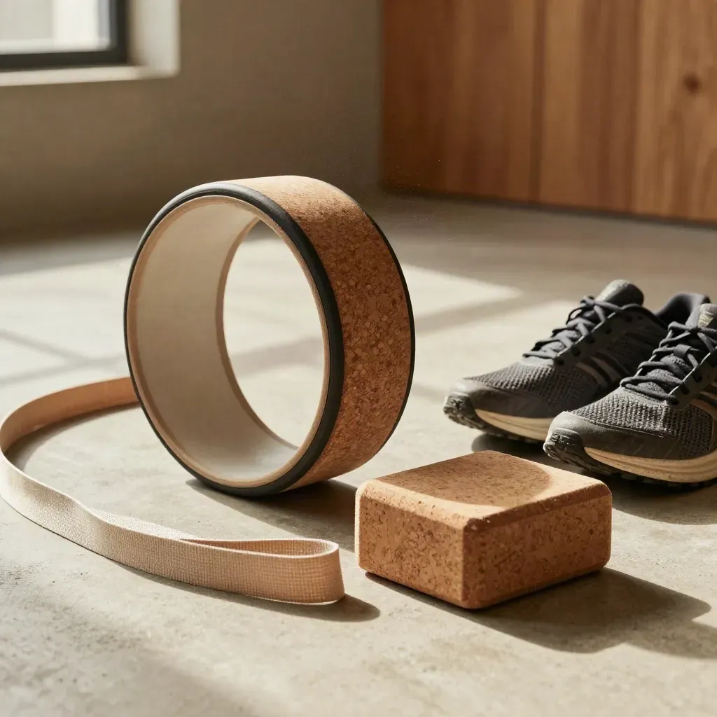 Yoga wheel, strap, block and worn running shoes on a concrete studio floor with chalk dust