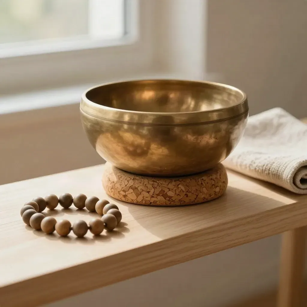 Macro still life of yoga tools on a pale wooden shelf, brass bowl glowing in soft light