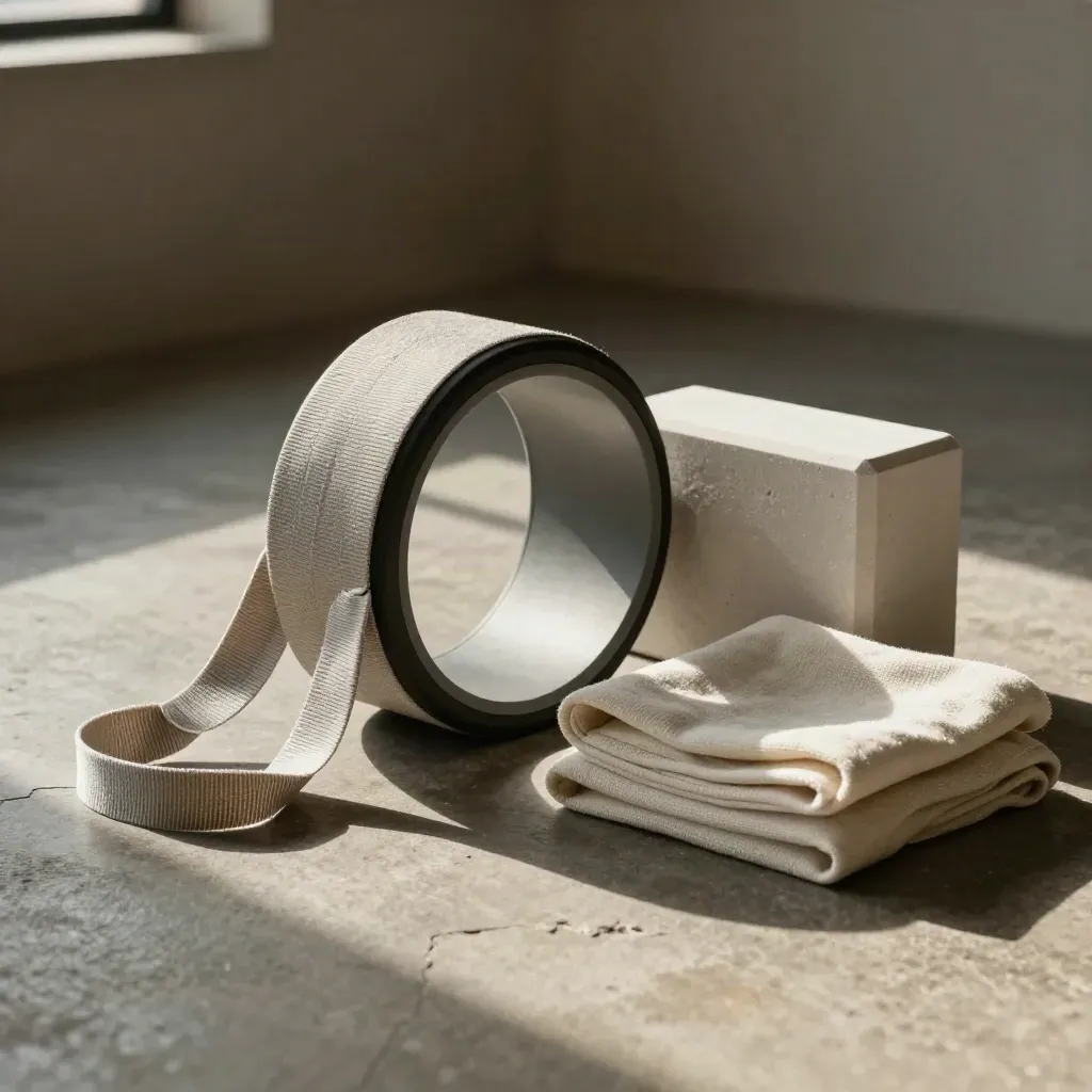 Yoga wheel, strap, blocks and folded blanket on a stone floor in dramatic studio light.