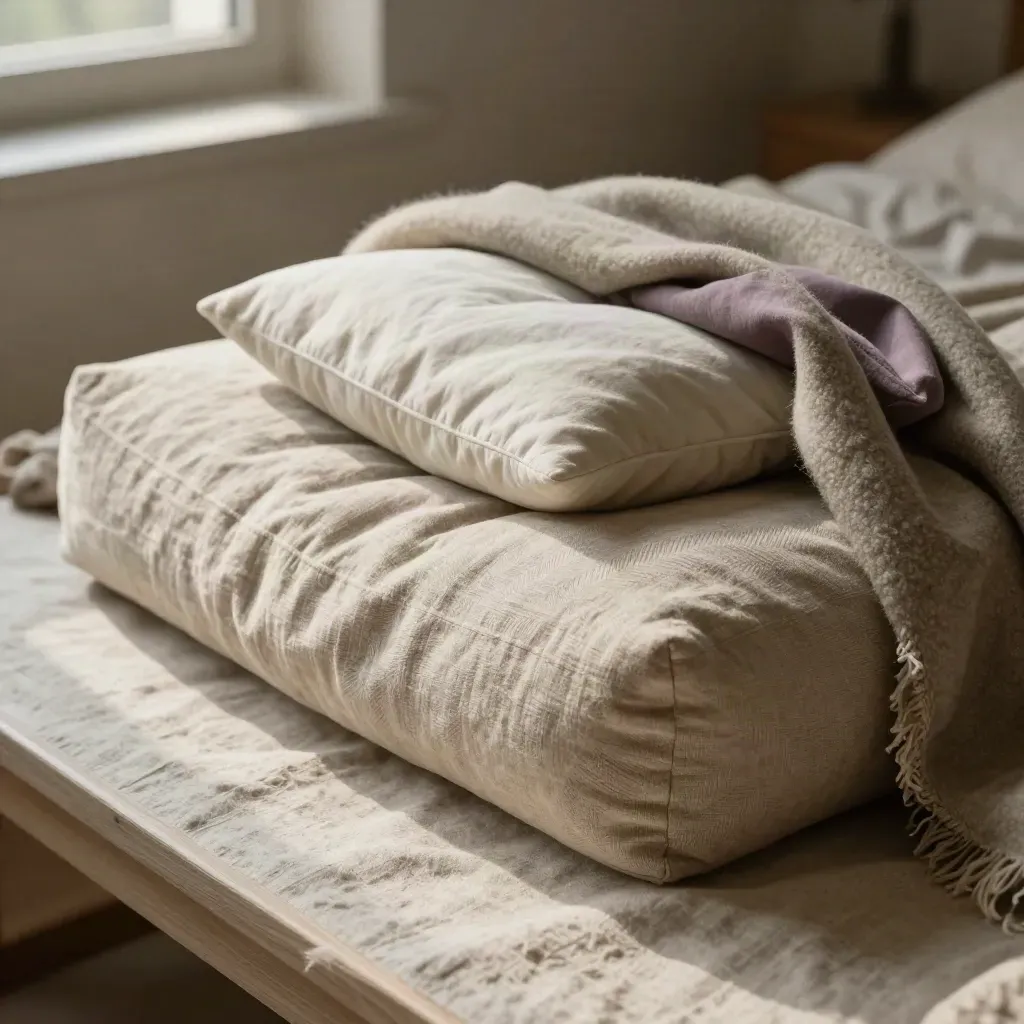 Bolster, eye pillow, wool blanket and lavender pouch layered on linen in soft directional light.