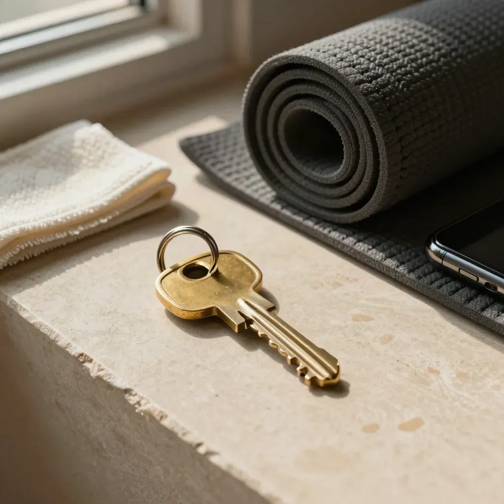 Brass keyring, folded towels, rolled strap and phone on a pale yoga studio surface.