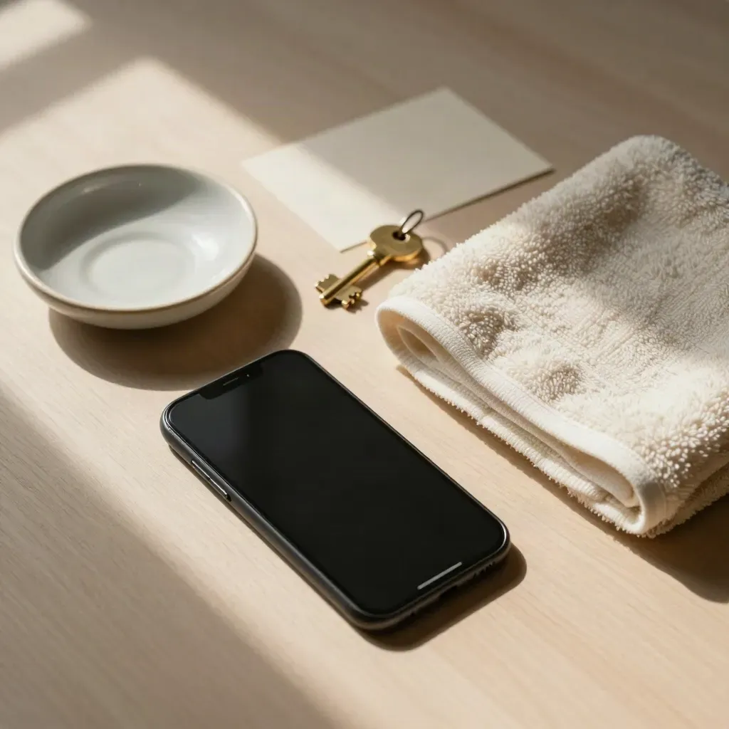 Face-down phone, ceramic dish, folded towel and brass key on pale wood