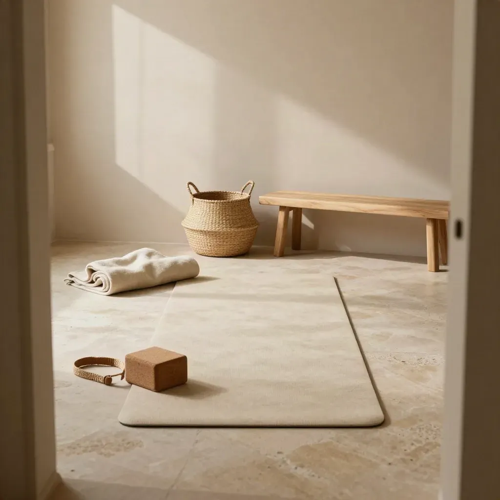 Yoga mat, block, strap, blanket, basket and bench in calm studio light.