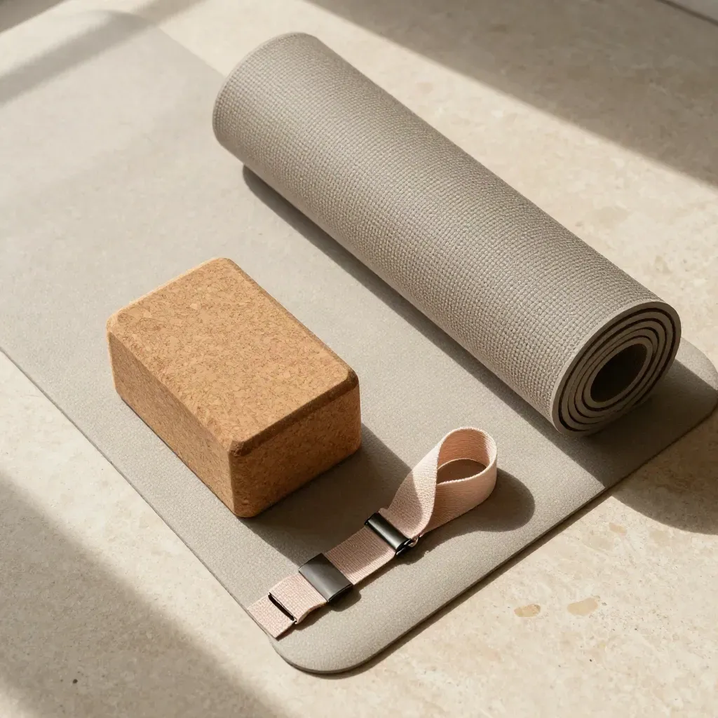 Overhead yoga flatlay with mat, cork block and strap on pale stone.