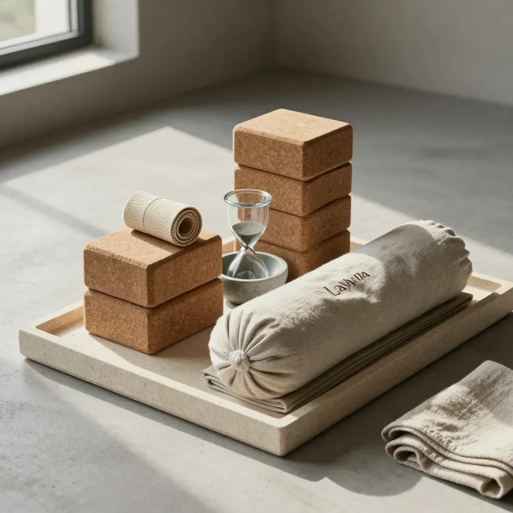 Yoga prop stacks with a sand timer and stone bowl on a stone tray