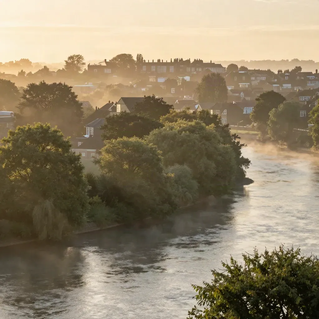 Sunrise Thames view from Richmond Hill with misty trees and roofline
