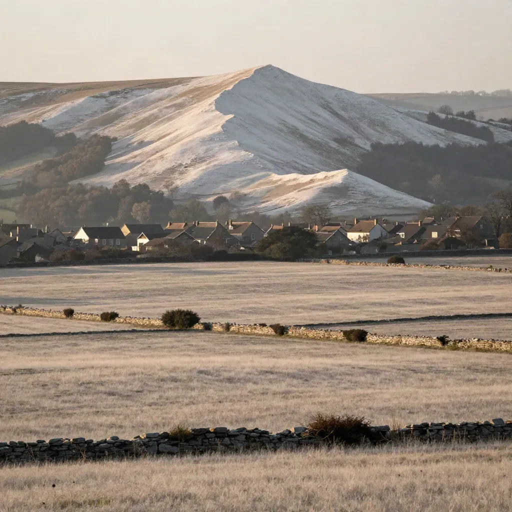Hazy North Surrey chalk ridge with village roofs and woodland at sunset