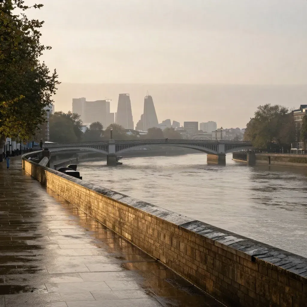 West London terraces and bridge spans at blue hour above a calm misty Thames