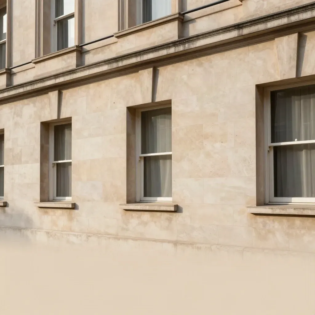 Soft Portland stone façades and clipped garden walls in warm haze over calm copy space