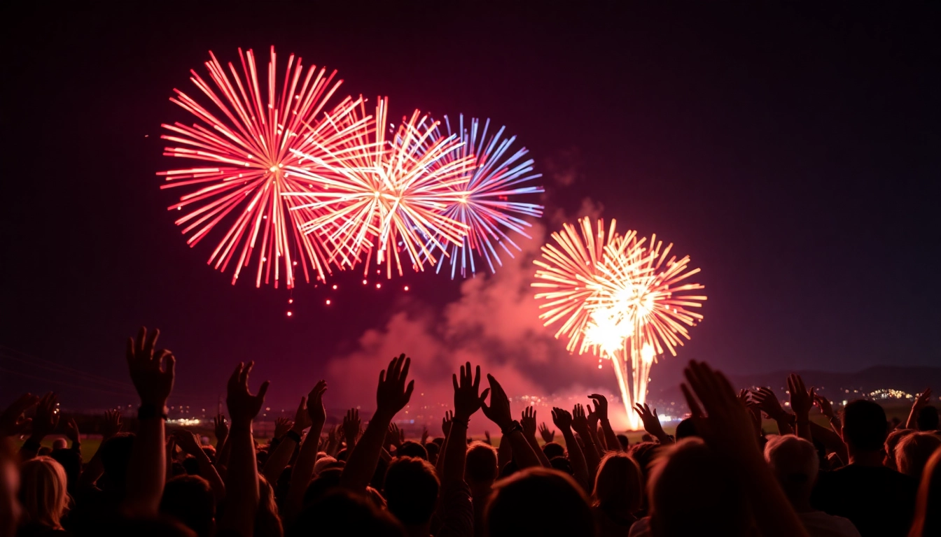 Celebrate with stunning fireworks uk lighting the night sky over an excited crowd.