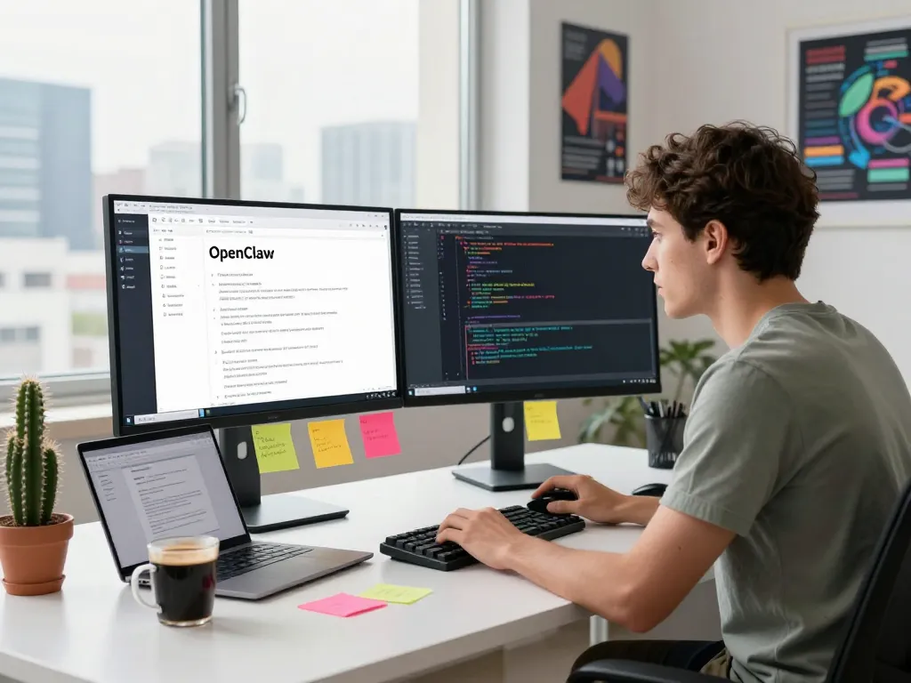 Open Claw assistant visualized in a modern workspace, showcasing productivity features and coding environment.