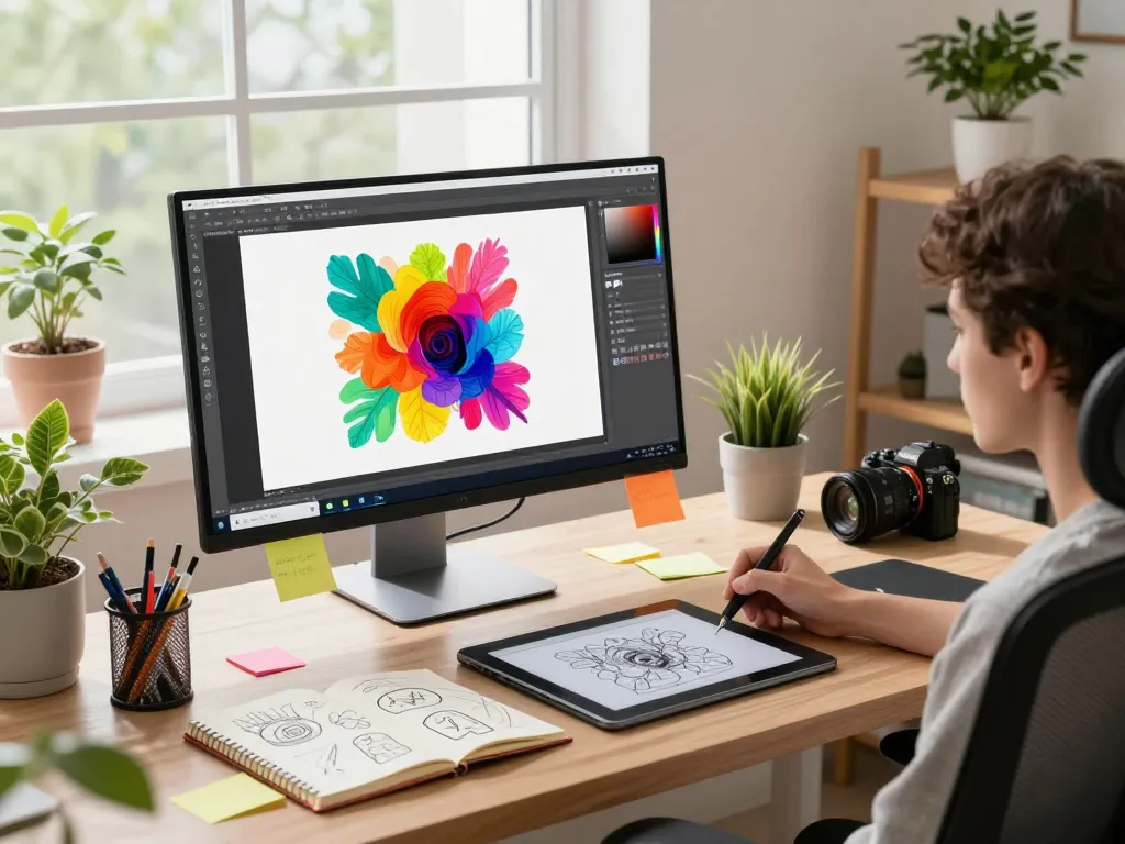 Digital artist using nano banana 2 for creative AI art design in a bright workspace.