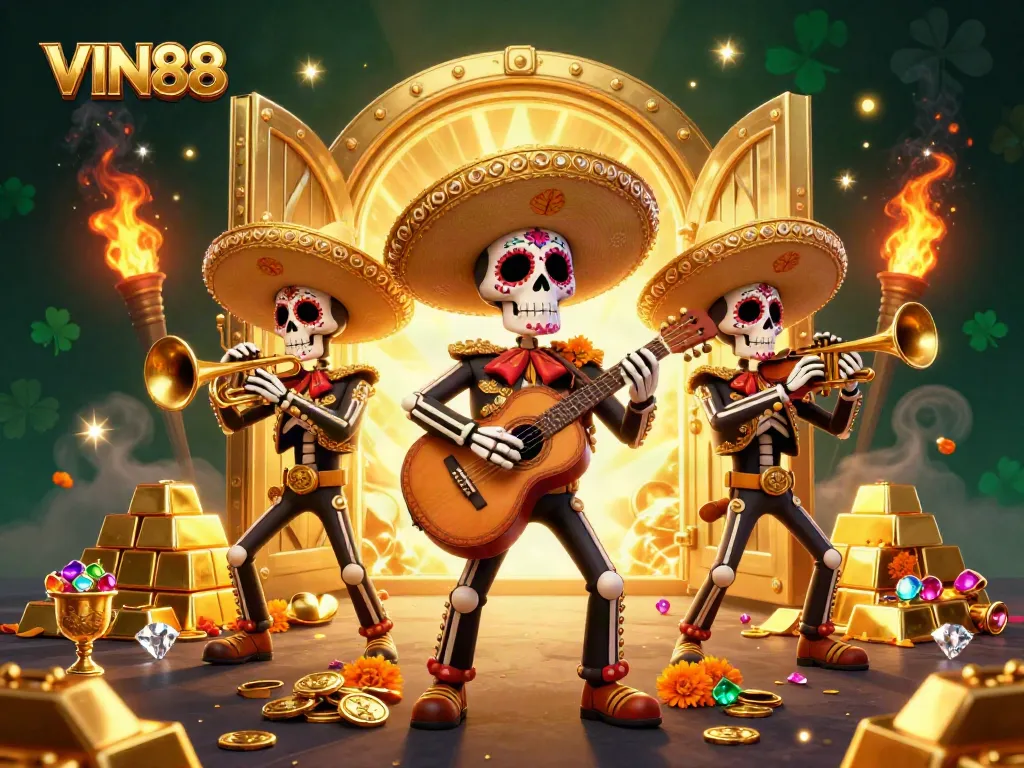 Experience exciting spins with VIN88, featuring a lively mariachi band amidst gold treasures and gems.