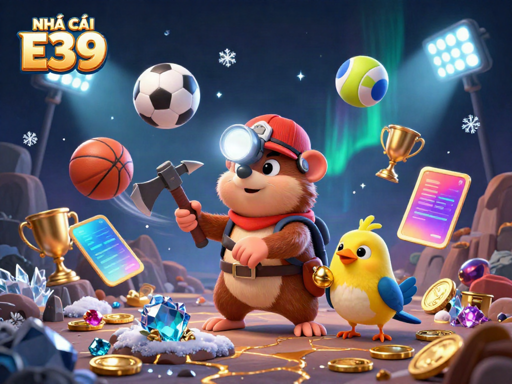 Engage in gambling fun at NHÀ CÁI E39 with colorful casino scenes featuring treasure, sports games, and dynamic betting.