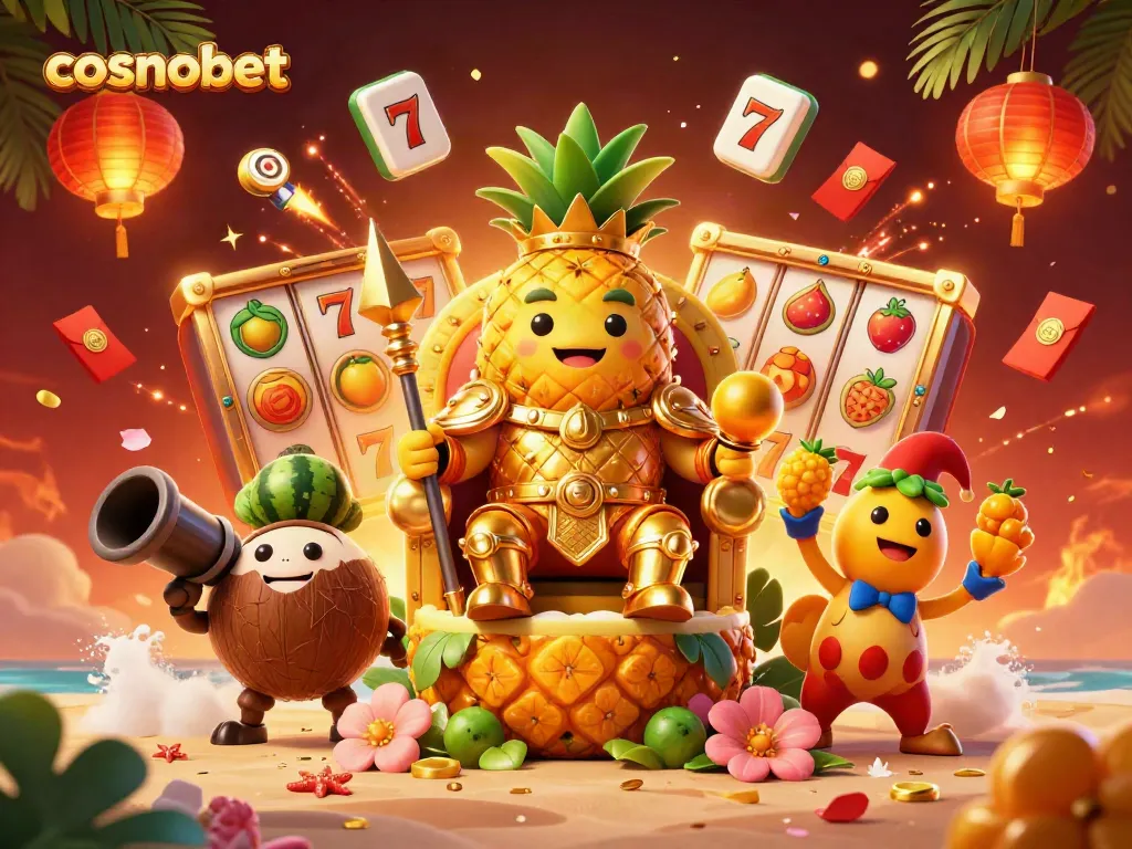 Experience the vibrant world of cosmobet with a golden pineapple king, excitement, and rich casino gaming elements!