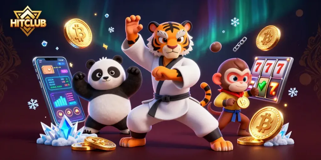 Engage with HITCLUB's vibrant gaming scene featuring animated characters and slot elements