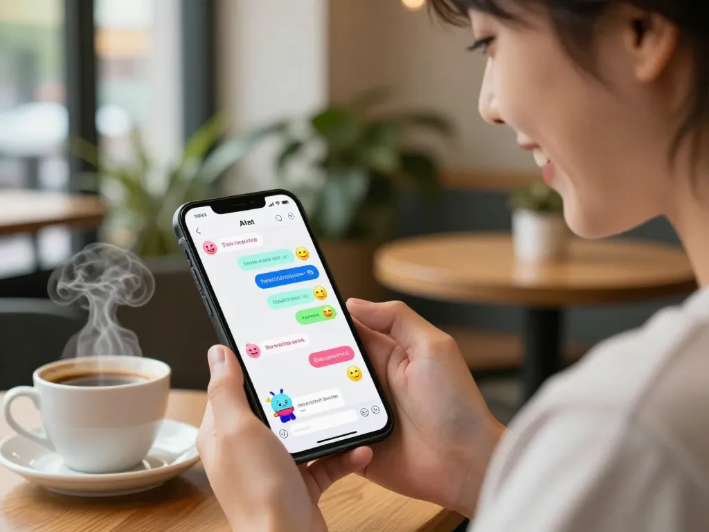 Engaging spicy chat interaction on smartphone in a cozy café.