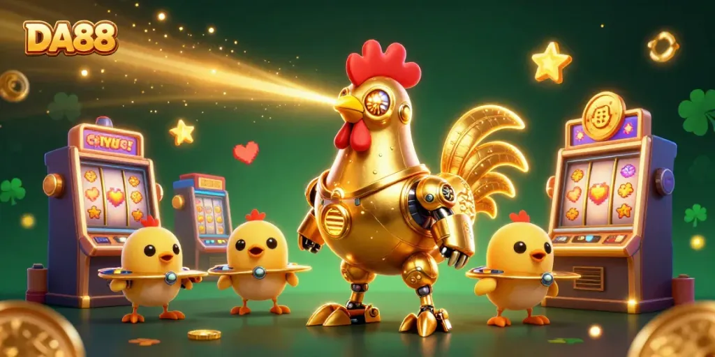 Experience DA88 thrilling slot adventures with a golden rooster robot and baby chick drones in this vibrant scene.