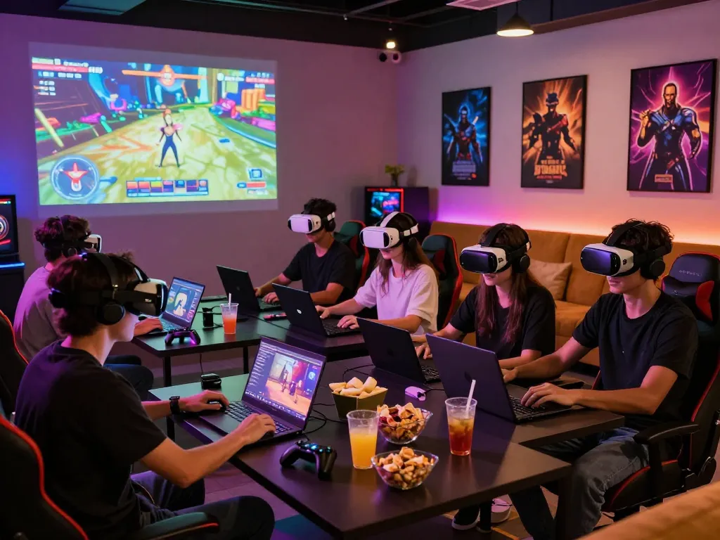 Friends enjoying real porn games in a lively gaming lounge.
