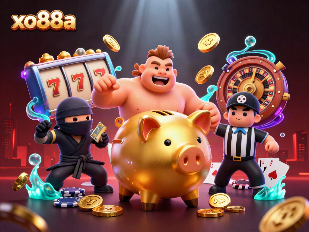 Experience winning strategies with xo88a's dynamic casino characters in a vibrant illustration.