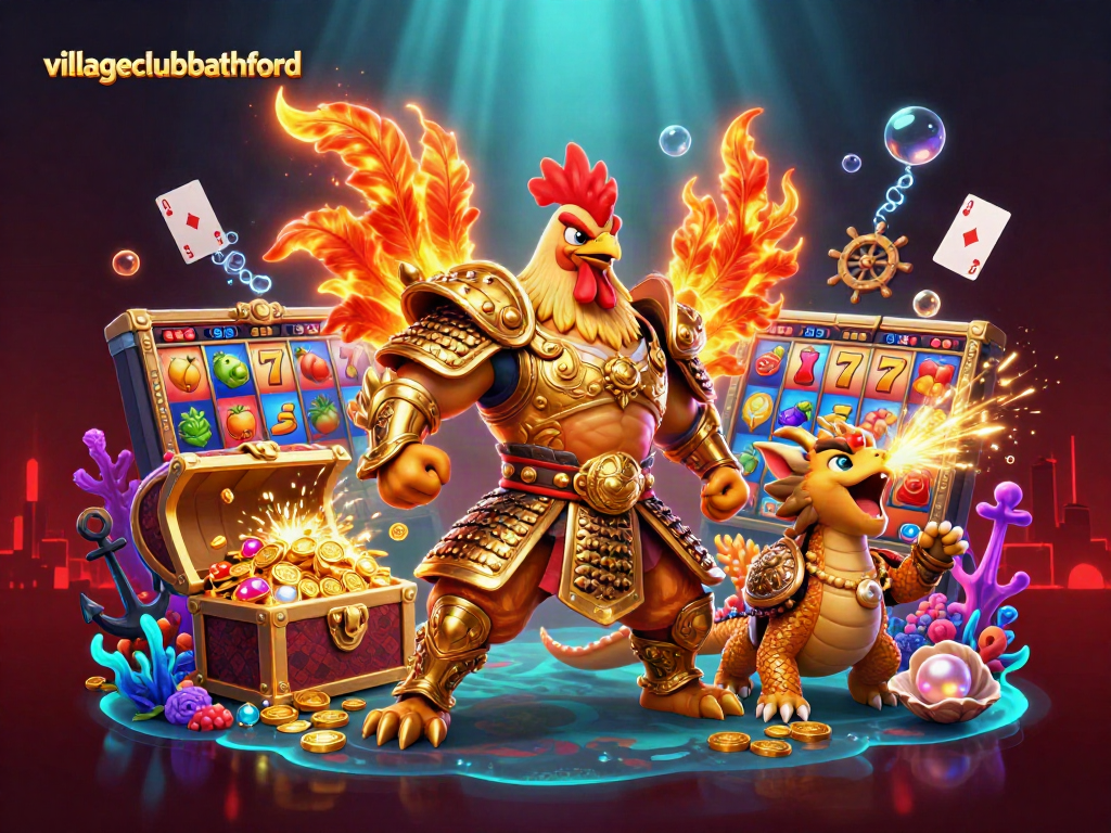 Experience excitement at villageclubbathford with dynamic slot reels, bright colors, and detailed 3D characters.