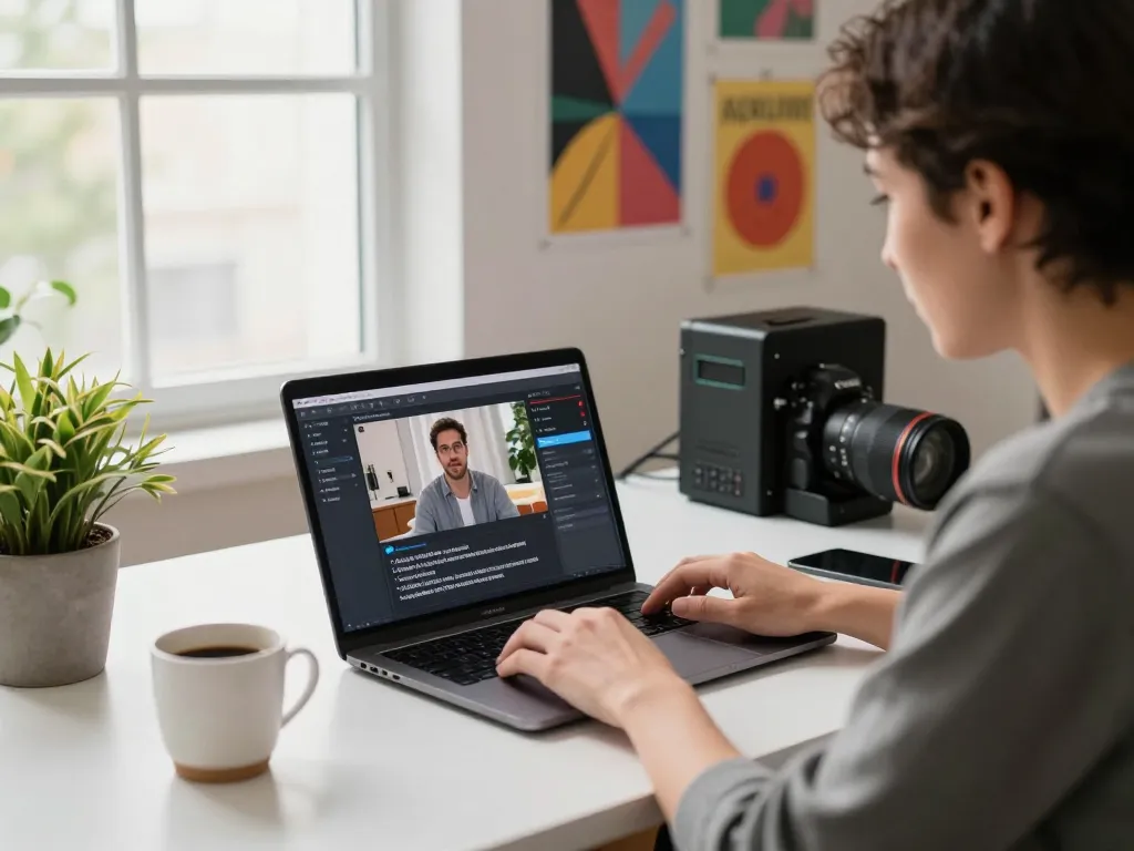 Video to prompt ai user engaging with software in a modern workspace filled with creativity.
