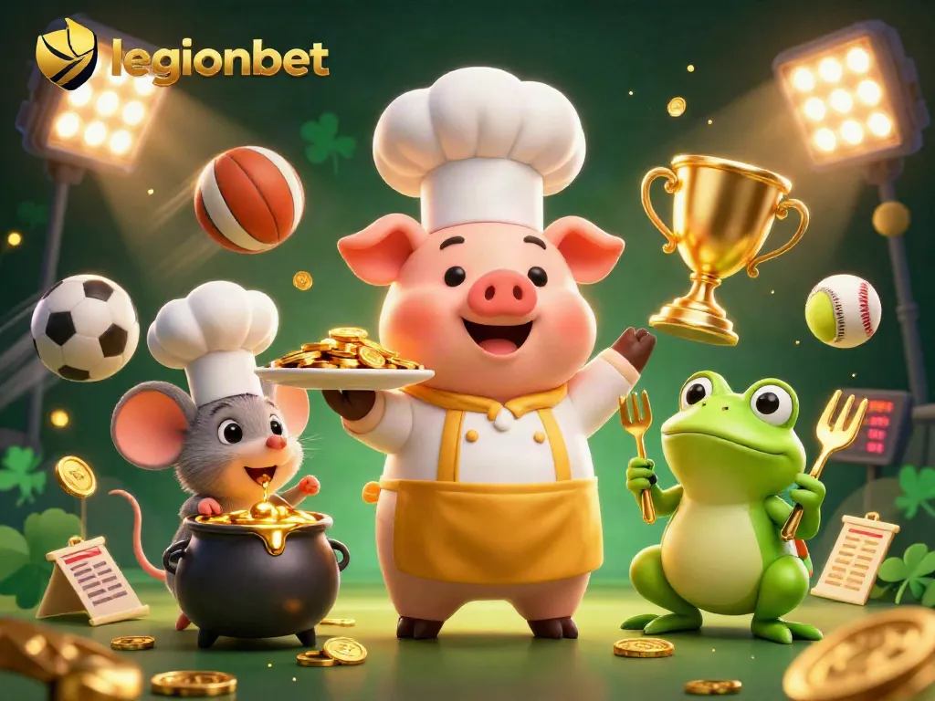 Engage with thrilling gaming at legionbet, as the pig chef serves gold coins amidst vibrant casino elements.