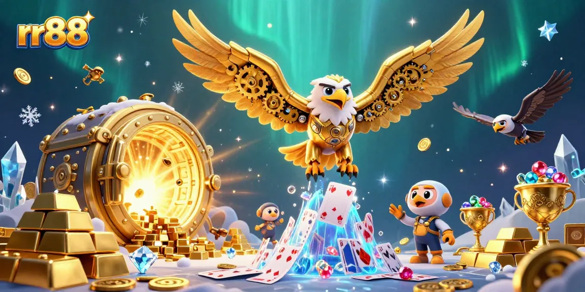 Engage with the thrilling world of rr88 as a cybernetic eagle dives through vibrant holographic cards surrounded by treasures.