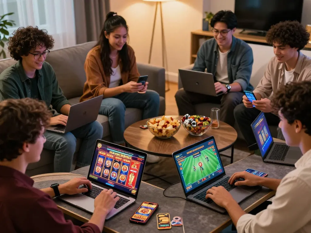 Friends enjoying online gaming at home on multiple devices featuring sunwin games.
