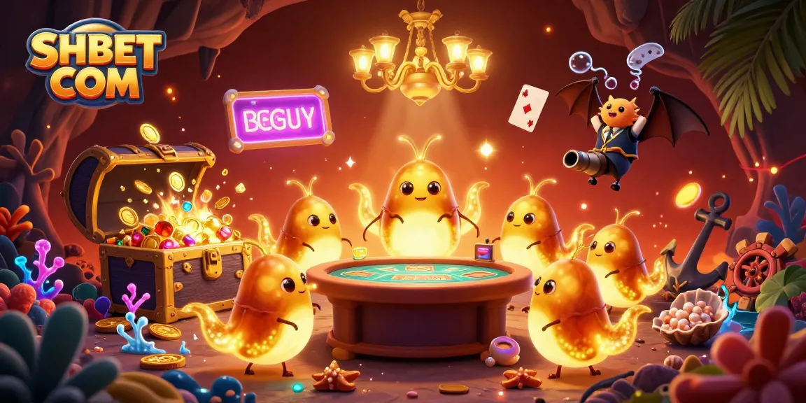 Experience vibrant gaming with SHBET COM, illuminated cave casino, and dynamic glowworm characters.