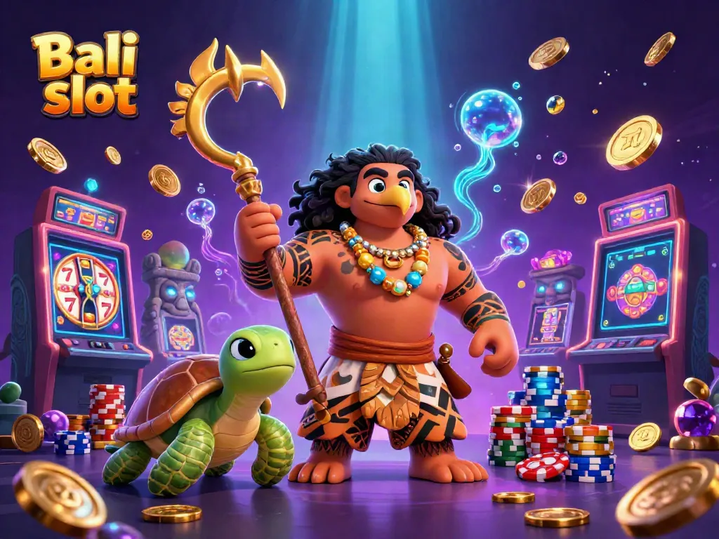 Engage with Bali slot in this vibrant 3D scene featuring a Polynesian hawk, a turtle, and slot machine reels.