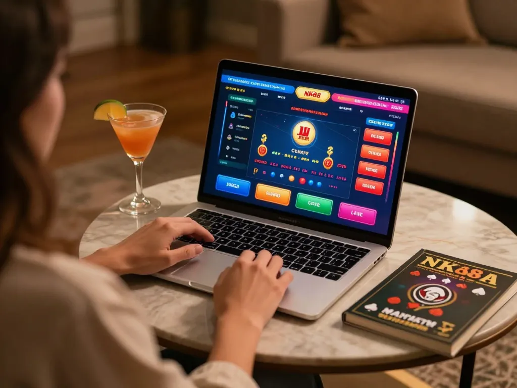 Playing NK88 casino games on a laptop in a cozy setting, featuring vibrant interactive displays.
