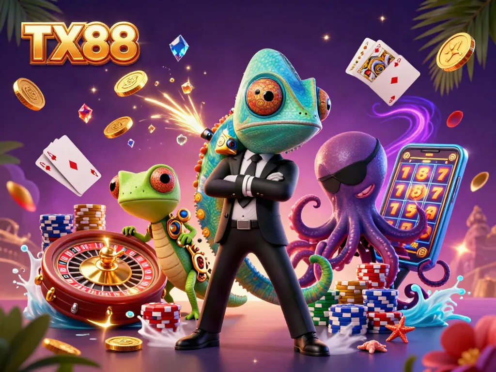 Cascade golden coins and sparkling gems surround TX88's secret agent chameleon and companions in a lively casino scene.