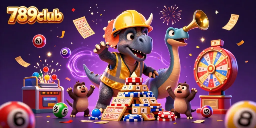 Exciting scene of 789club, featuring a cartoon triceratops and celebrating characters surrounded by vibrant lottery games and confetti.