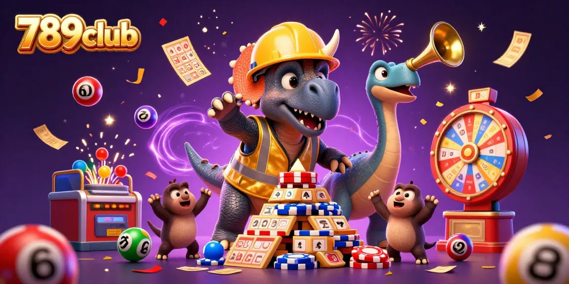 Exciting scene of 789club, featuring a cartoon triceratops and celebrating characters surrounded by vibrant lottery games and confetti.