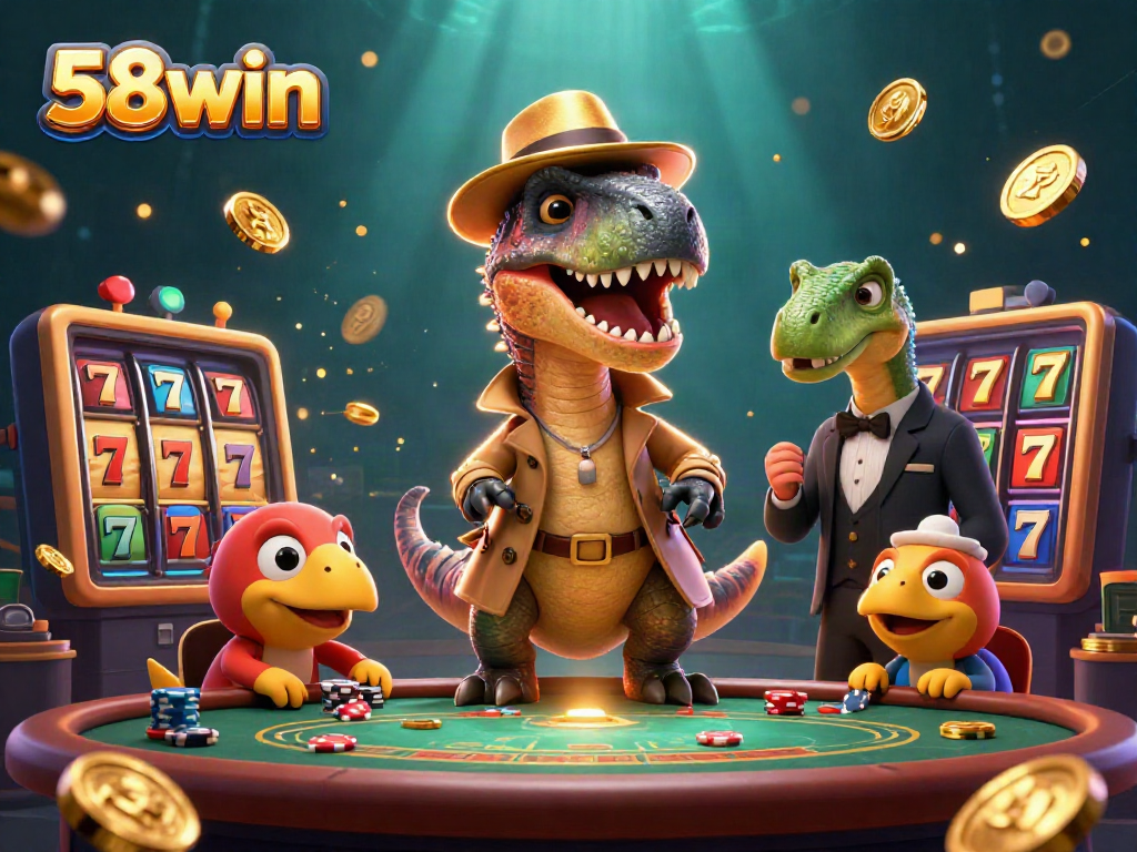 Experience the thrilling action at 58win with a velociraptor card counter in a vibrant casino scene.
