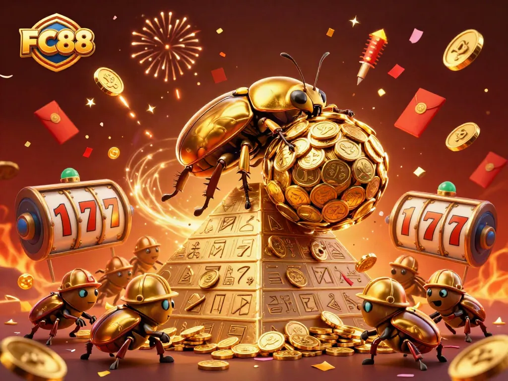 Experience thrilling play at FC88 with captivating 3D illustrations featuring a golden beetle and casino treasures.
