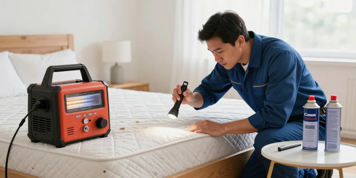 Experienced technician performing bed bug pest control inspection in Milwaukee bedroom.