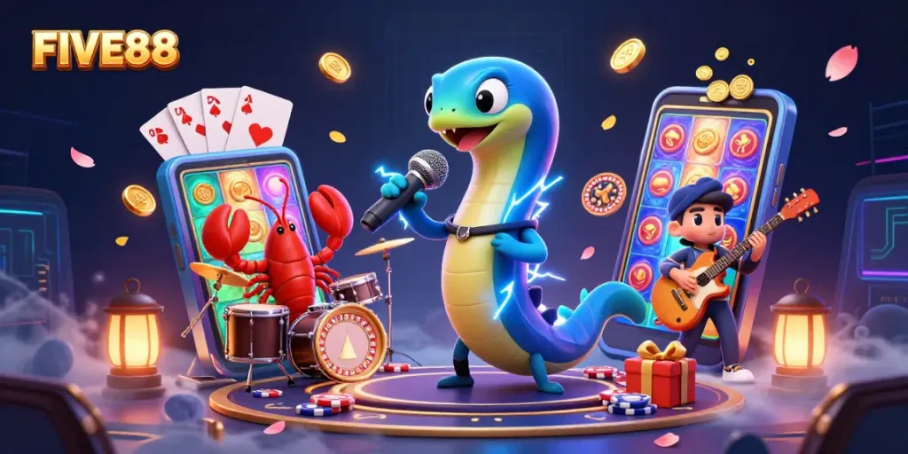 Engage with FIVE88 at an underwater casino featuring an electric eel DJ with vibrant gaming elements.