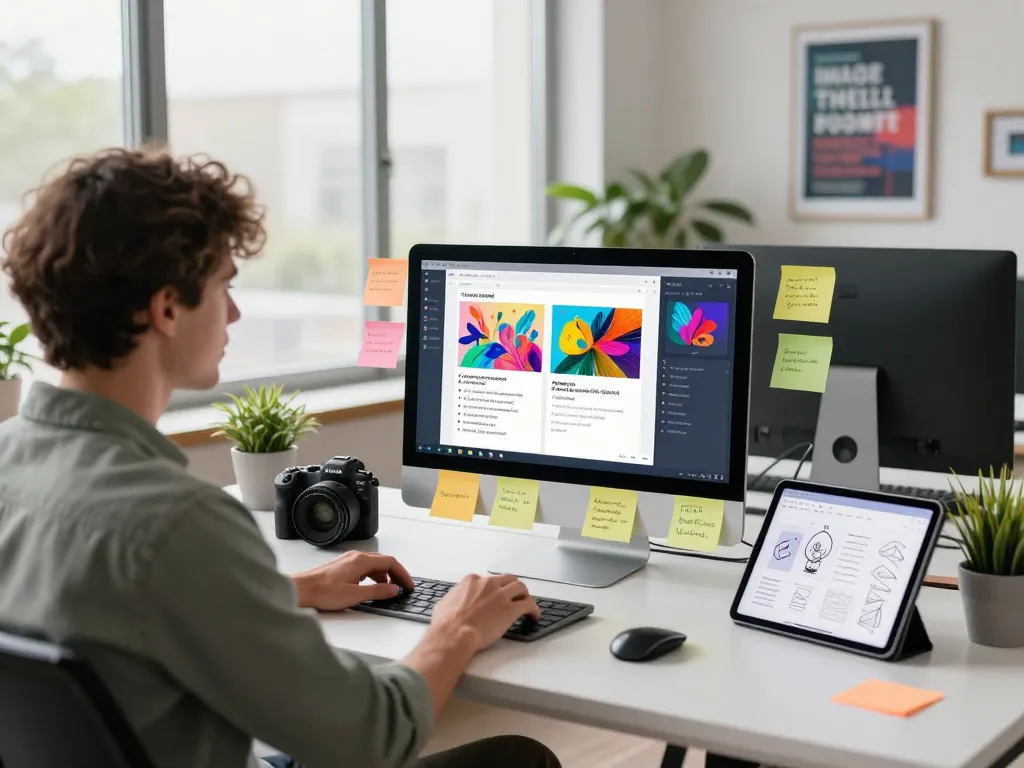 A user engaged with an image to prompt AI generator in a modern workspace filled with tech tools and vibrant visuals.